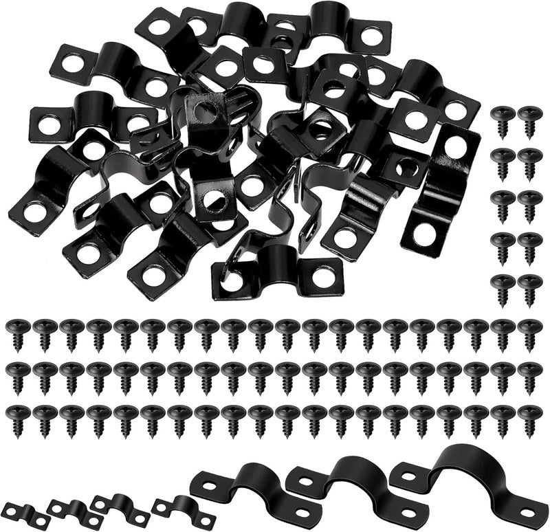 Tanstic 25Pcs Black Two Hole Pipe Strap, 5/16” Two Hole Strap U Bracket Rigid Pipe Strap Pipe Strap Clamp with Phillips Modified Truss Head Wood Screws for Fixing Pipe, Conduit, U Bracket - Image 1